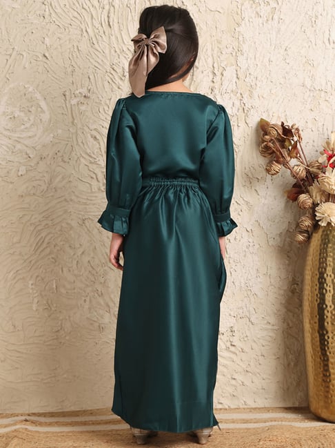 shein raglan sleeve tie front flare satin dress Ice Silk Crinkle Round Neck A-Line Work Dress with Decorative Button & Built-in Belt(MA308) Smoky gray / M main image 0