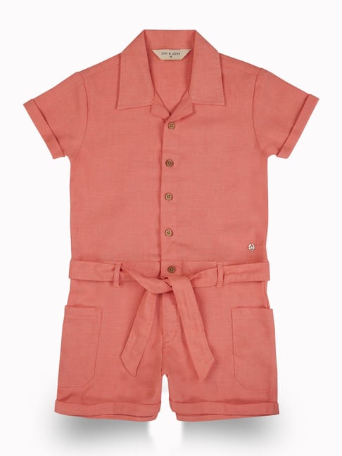 gini & jony Gini and Jony Girls Peach Solid Cotton Playsuit-picture-10