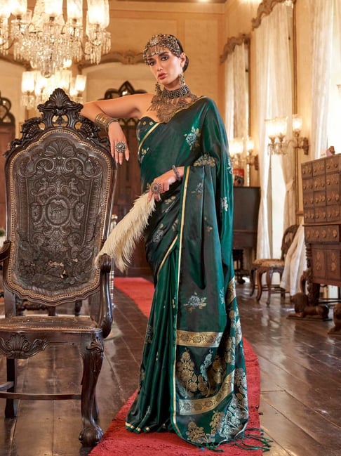 Vardha Bottle Green Woven Saree With Unstitched Blouse-picture-44