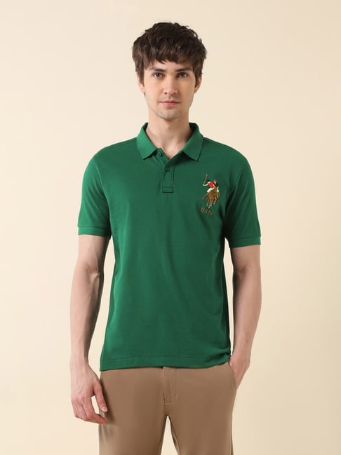 Polo Green Cotton Slim Fit Embroidered Polo T-Shirt