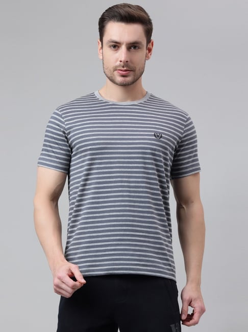 Buy Van Heusen Grey Cotton Regular Fit Striped T-Shirt for Mens