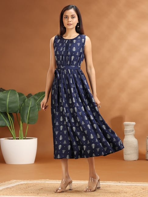 Cotton Culture Navy Cotton Printed Sleeveless Dress With Belt