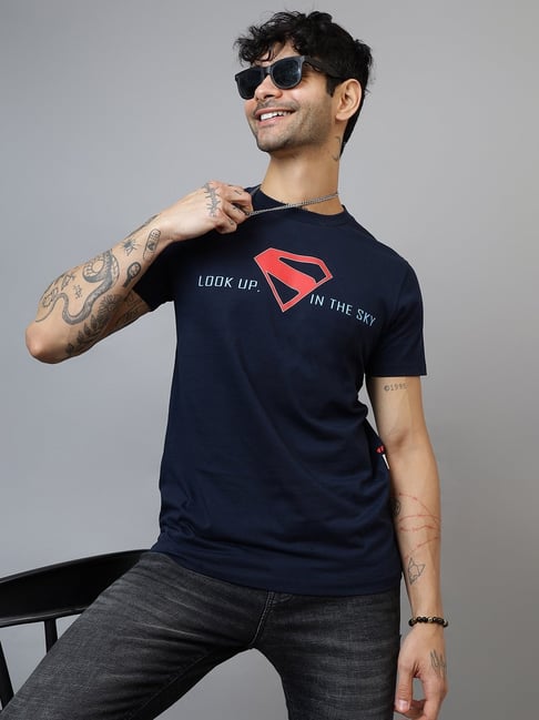 Free Authority Navy Blue Regular Fit Printed T-Shirt - Main Image