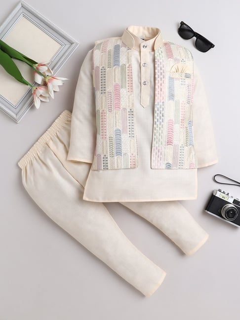 Fourfolds Boys Beige Cotton Embroidered Kurta Set-picture-37