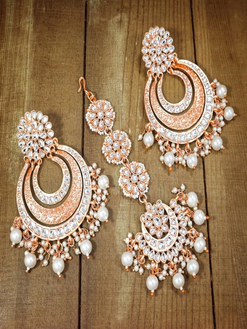 Peora Rose Gold White Ethnic Kundan & Lariya Studded Earring & Maangtikka Set-picture-21