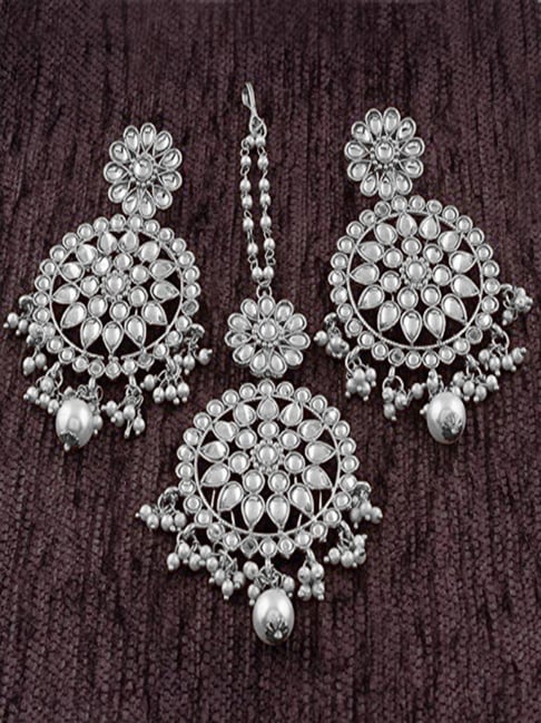 Peora Rhodium White Ethnic Kundan & Lariya Studded Earring & Maangtikka Set-picture-31