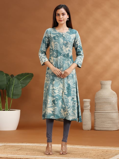 Cotton Culture Green Cotton Floral Three-Quarter Sleeves Kurta-picture-45