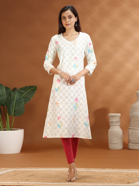 Cotton Culture Off White Cotton Floral Three-Quarter Sleeves Kurta-picture-29