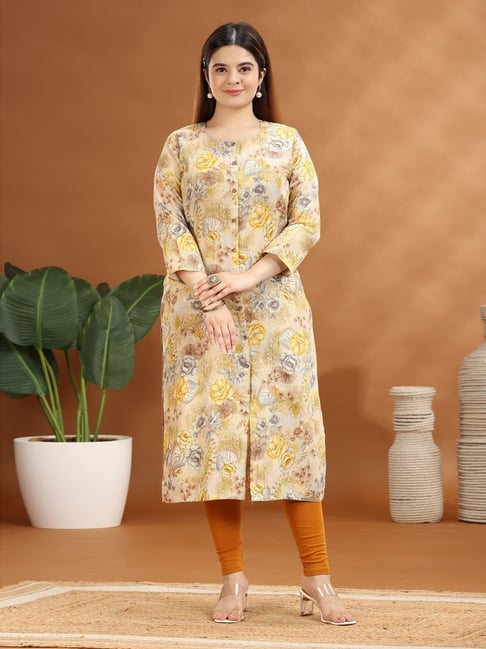 Cotton Culture Yellow Cotton Floral Three-Quarter Sleeves Kurta-picture-35