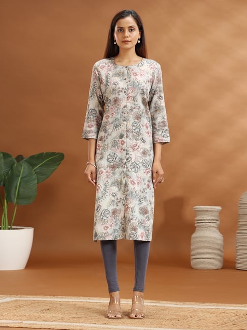 Cotton Culture Grey Cotton Floral Three-Quarter Sleeves Kurta-picture-38