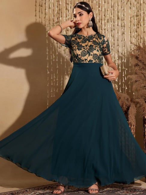 Miss Chase Turquoise Self Design Dress-picture-43