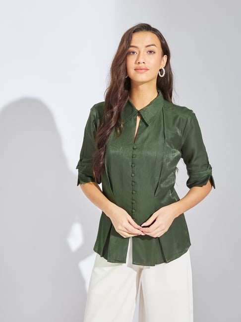 Latin Quarters Green Solid Short Sleeves Casual Shirt-picture-42