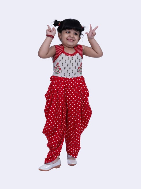 Twisha Girls Offwhite & Red Cotton Regular Fit Printed Jumpsuit