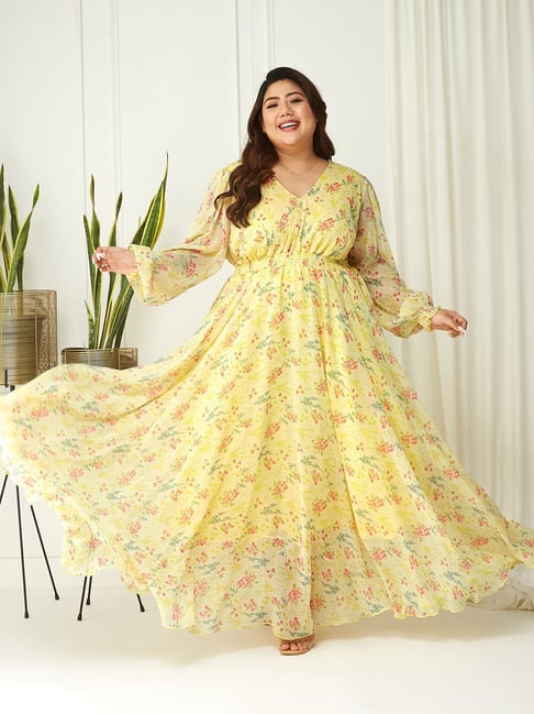 Miss Chase A+ Yellow Chiffon Relaxed Fit Floral Print Dress-picture-19
