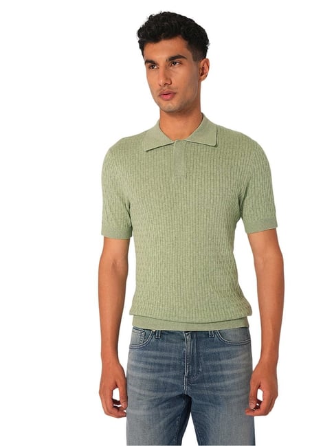 Selected Homme Iceberg Green Cotton Regular Fit Texture Polo T-Shirt