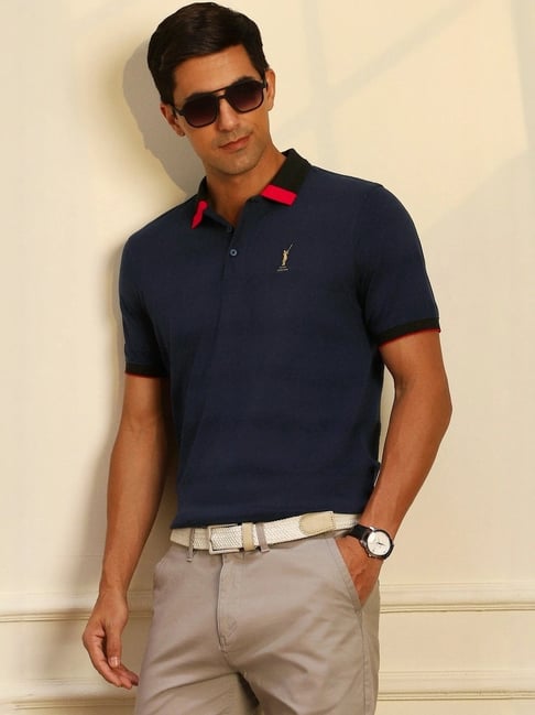 Peter England Navy Regular Fit Striped Sports T-Shirt