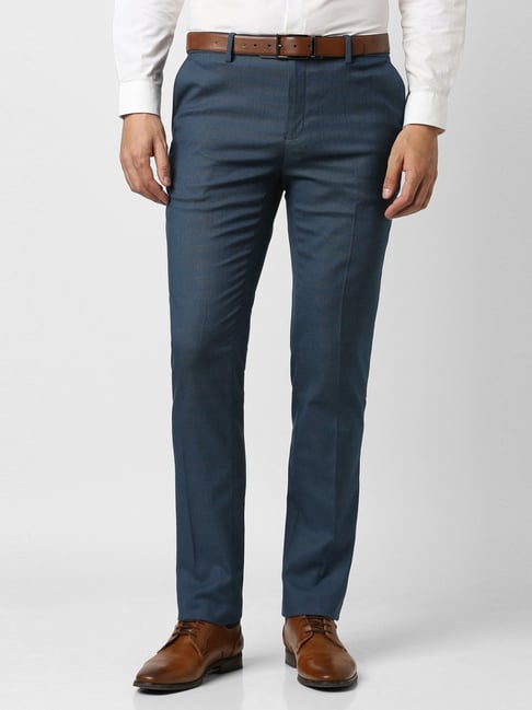 Peter England Navy Slim Fit Checks Trousers-picture-30