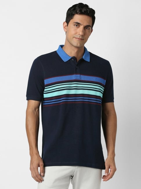 Buy Peter England Navy Regular Fit Striped Polo T-Shirt for Mens