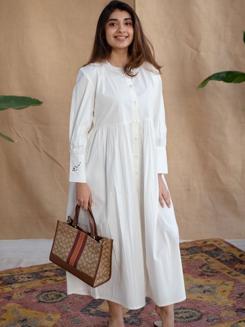 white cotton indian dresses White Print Plunge Neckline Gown