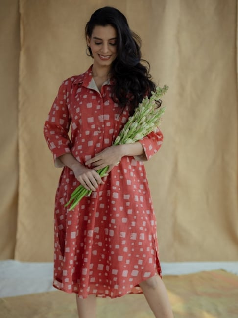The Indian Ethnic Co Coral Loose Batik Handblock Printed Mul Cotton Dress