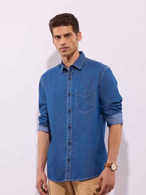 Hoversoul Blue Cotton Regular Fit Full Sleeves Denim Shirt