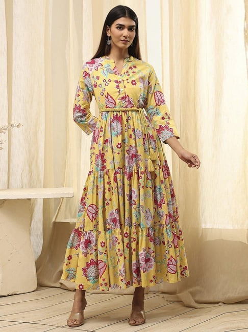 Biba Yellow Cotton Regular Fit Floral Print Dress