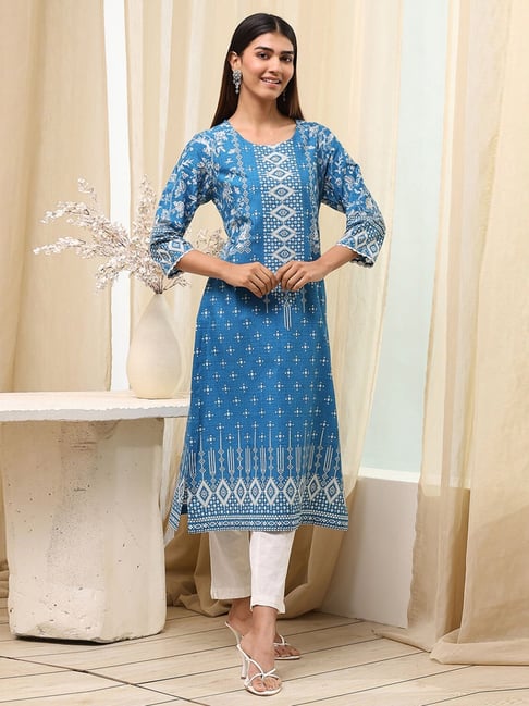 Biba Blue Cotton Straight Fit Printed Kurtas-picture-46