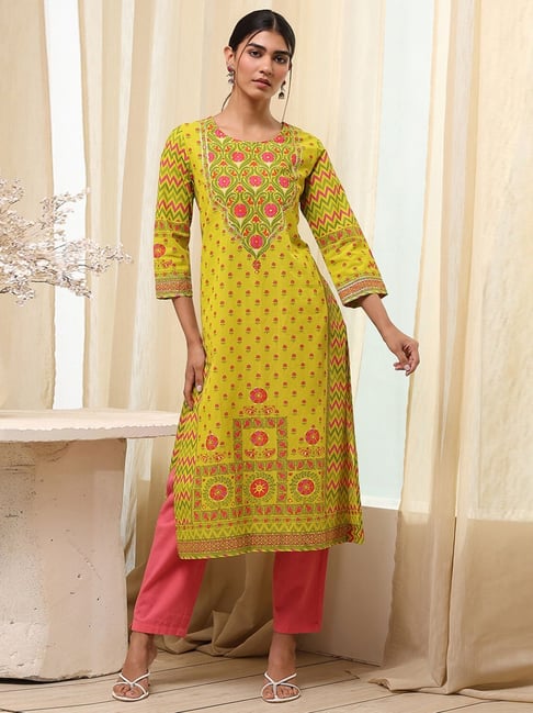 Biba Green Cotton Regular Fit Printed Kurtas-picture-26