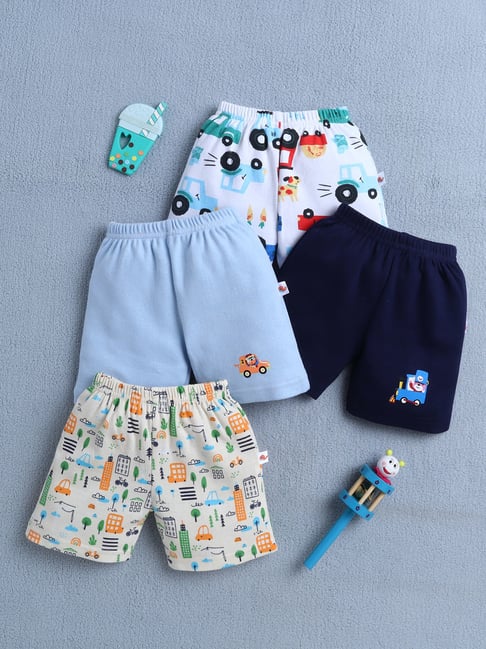 Bumzee Boys Navy & Sky Blue Cotton Graphic Shorts - Pack of 4