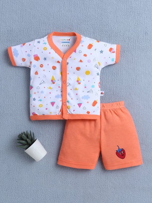 Bumzee Girls Orange & White Cotton Graphic Jabla with Shorts