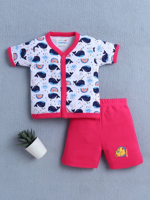 Bumzee Girls Pink & White Cotton Printed Jabla with Shorts