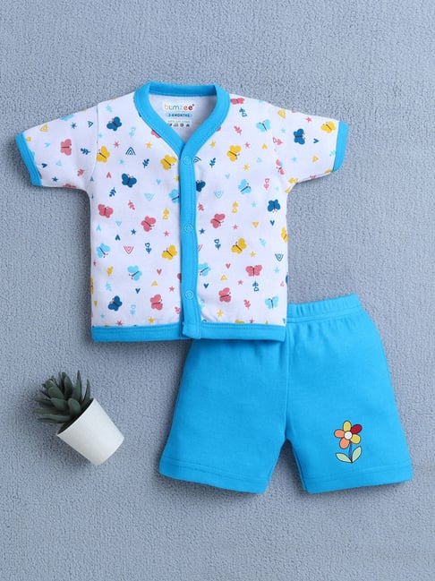 Bumzee Girls Blue & White Cotton Printed Jabla with Shorts