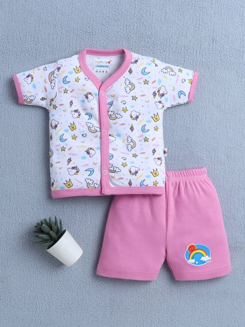 Bumzee Girls White & Pink Cotton Printed Jabla with Shorts