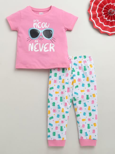 Bumzee Girls Pink & White Cotton Printed T-Shirt with Pyjama