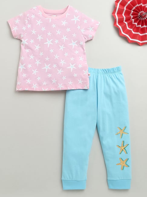 Bumzee Girls Baby Pink & Blue Cotton Graphic T-Shirt with Pyjama