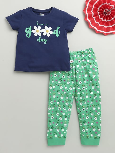Bumzee Girls Mint Green & Navy Cotton Floral T-Shirt with Pyjama