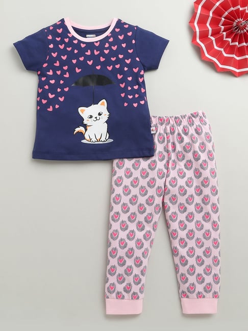 Bumzee Girls Navy & Pink Cotton Printed T-Shirt with Pyjama