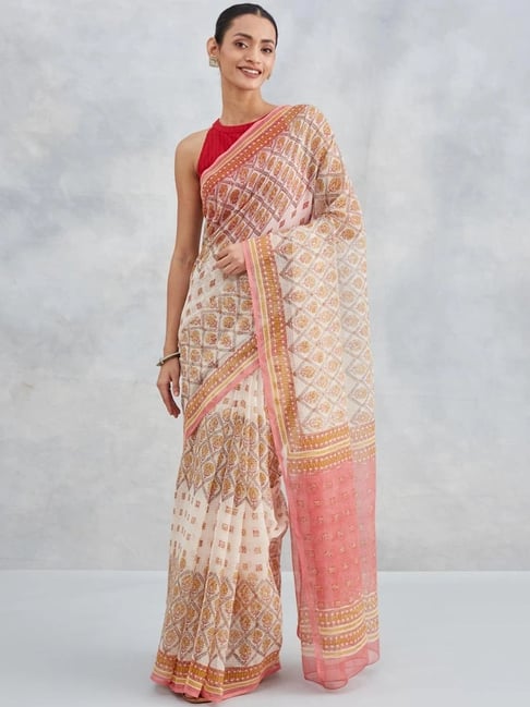 Fabindia Off White & Pink Printed Sarees-picture-26