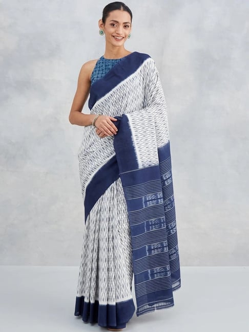 Fabindia Off White & Blue Cotton Printed Sarees-picture-35