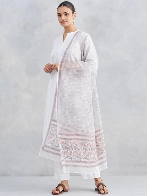 Fabindia Off White & Pink Floral Print Dupatta-picture-30