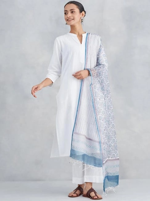 Fabindia Off White & Blue Printed Dupatta-picture-42