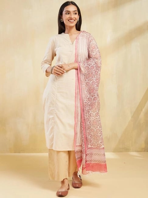 Fabindia Off White & Pink Printed Dupatta-picture-35