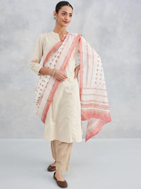Fabindia Off White & Pink Printed Dupatta-picture-29