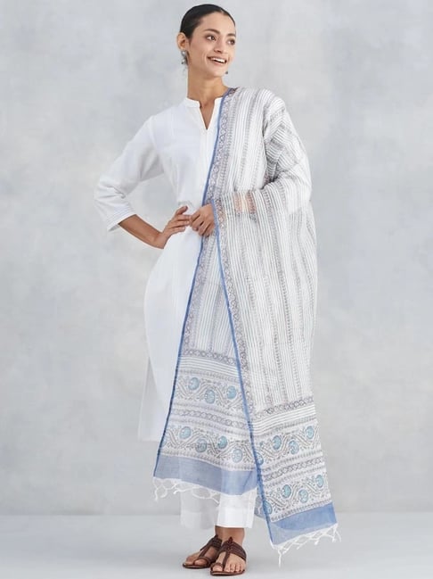 Fabindia Off White & Blue Printed Dupatta-picture-24