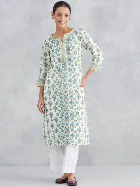 Fabindia Off White & Green Cotton Linen Regular Fit Floral Print Kurta-picture-36