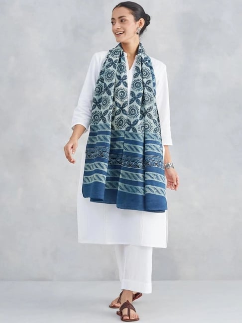 Fabindia Blue Cotton Printed Stole-picture-30