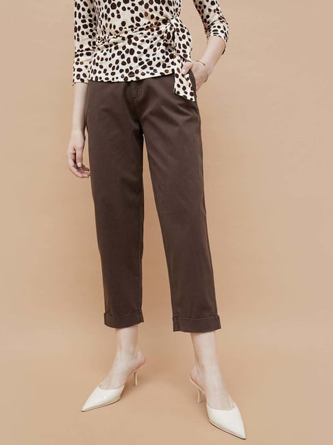 code by lifestyle brown cotton regular fit trousers