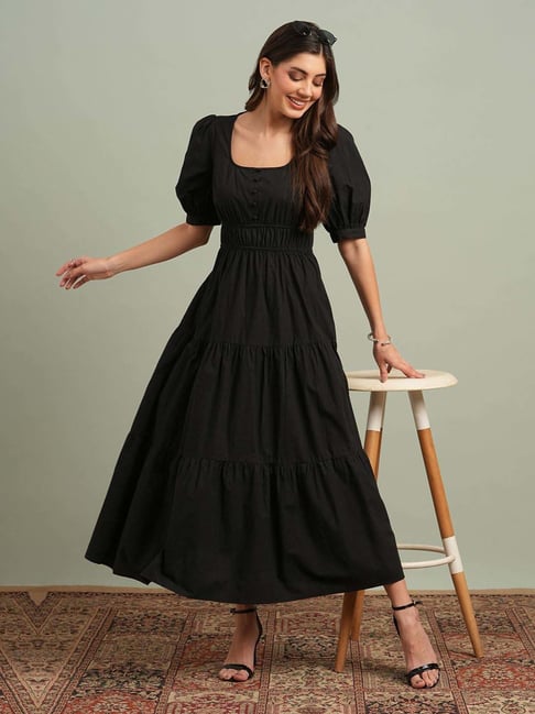 Globus Women Black Square Neck Puff Sleeves Solid Tiered Fit Flare Maxi  Resort Dress