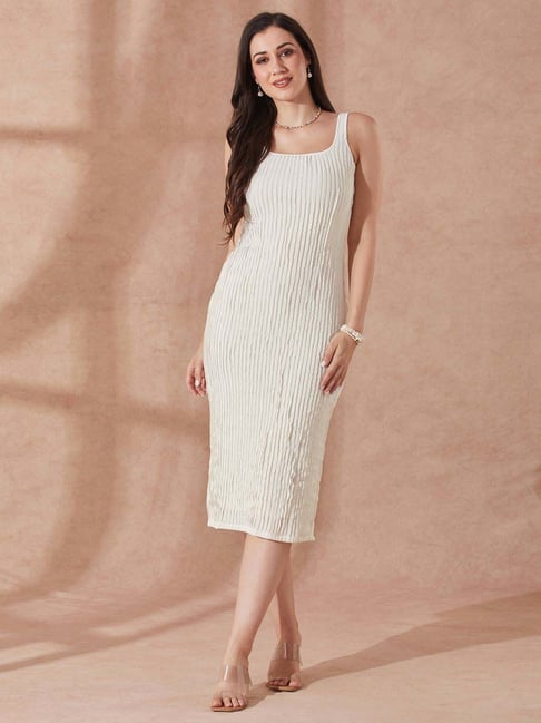 Globus Women White Square Neck Lace Detail Back Slit Midi Bodycon Party  Dress