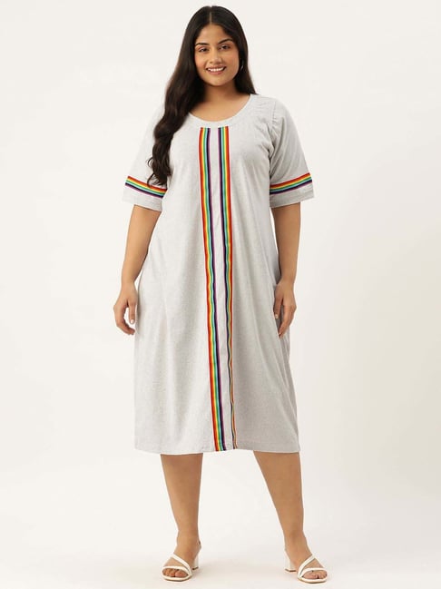 theRebelinme Grey Relaxed Fit Striped Plus Size Dress